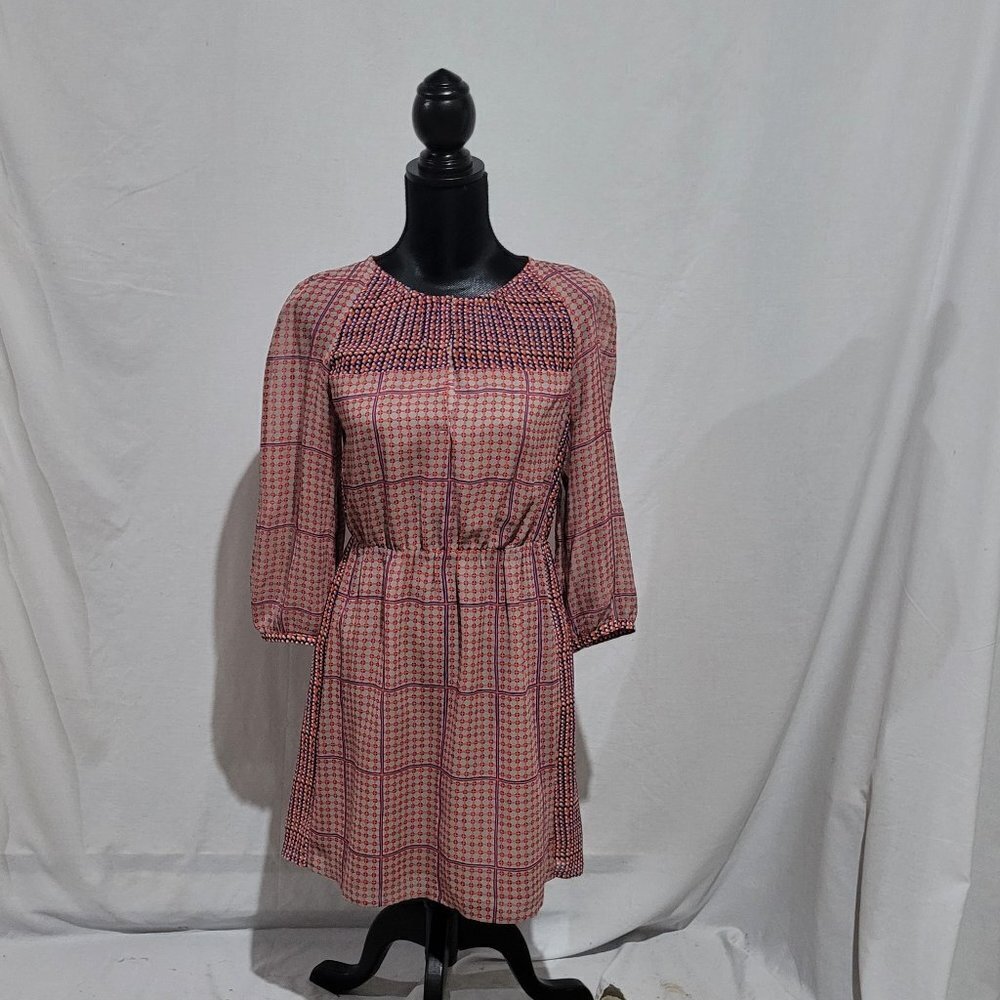 Madewell dress peasant silk sheer mini boho summer retrogrid pattern blue orange